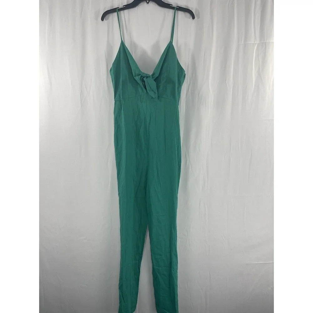 New MNG Mango Kelly Green Bow Linen Blend Jumpsuit Sz Medium (US) Tropical Beach